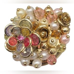 Handmade Adjustable Ring with beads and glass Bezel flower